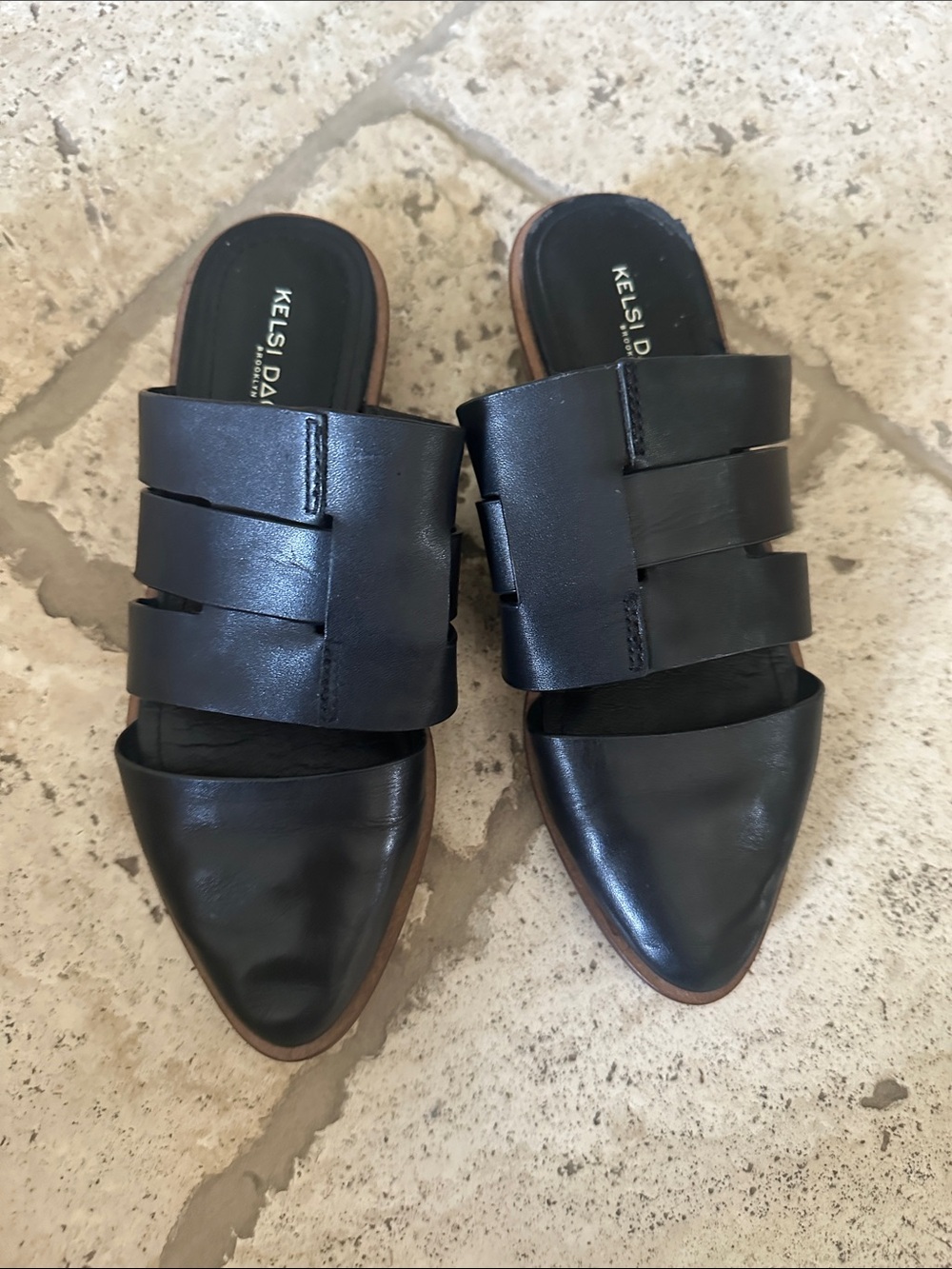 Kelsi Dagger Black Leather Pointed Slide Mules
